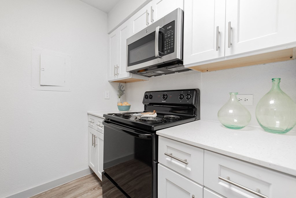 the preserve at ballantyne commons apartment kitchen with stove and microwave