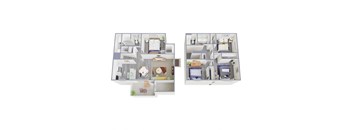 Two images of a dollhouse apartment with furniture and decor.