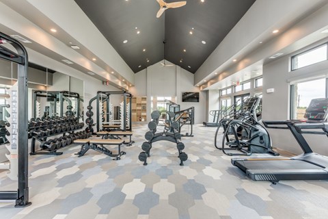A spacious gym with a variety of equipment including treadmills, weights, and exercise machines.