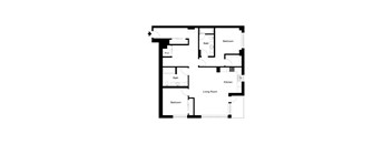 A floor plan of a house with a living room, kitchen, and two bedrooms.