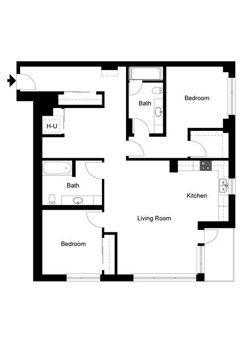 A floor plan of a house with a living room, kitchen, and two bedrooms.