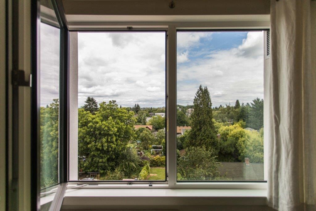 a window with a view of trees and a cloudy sky