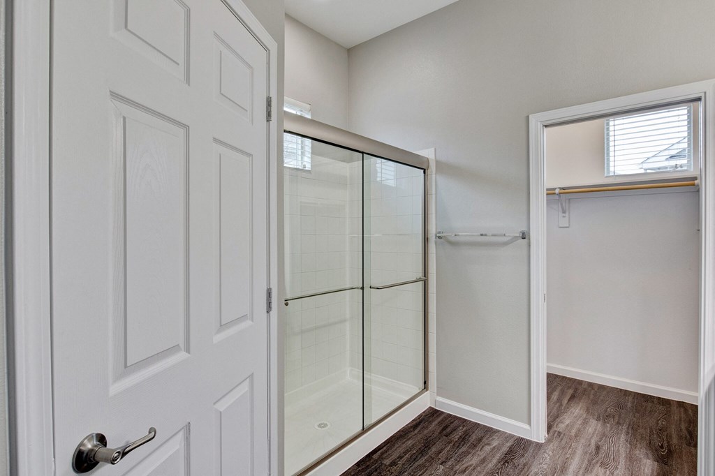 Horizon at Premier apartment interior bathroom, stand-up shower, and walk-in closet