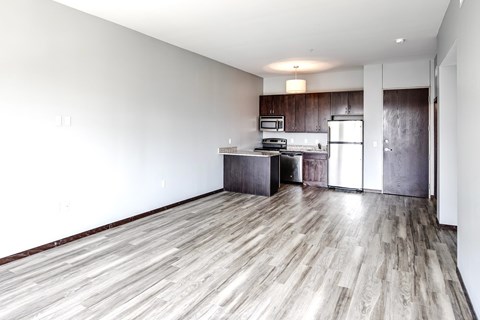 A kitchen with a refrigerator, microwave, and oven is visible from the living room.