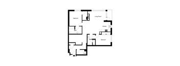 A black and white image of a house floor plan with a living room, kitchen, two bathrooms and two bedrooms.