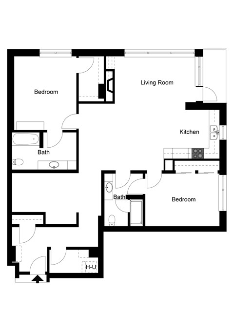 A black and white image of a house floor plan with a living room, kitchen, two bathrooms and two bedrooms.
