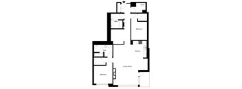 A black and white image of a floor plan for a house with a living room, kitchen, and two bedrooms.