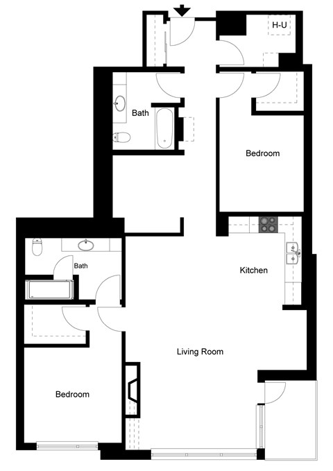 A black and white image of a floor plan for a house with a living room, kitchen, and two bedrooms.