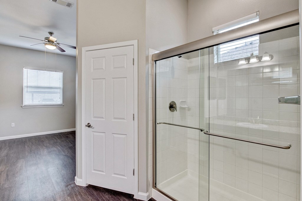 Horizon at Premier apartment interior bathroom, stand-up shower, and walk-in closet