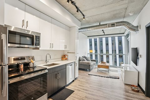 A modern kitchen with stainless steel appliances and a view of the city.