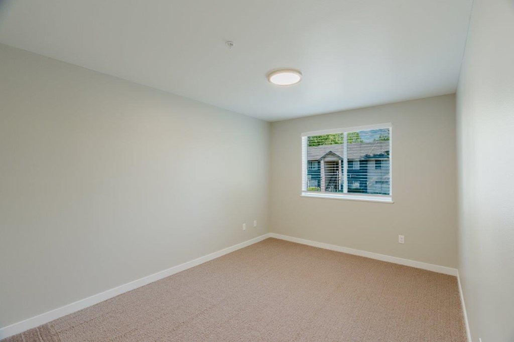 Empty room with carpeted floor and a picture on the wall.