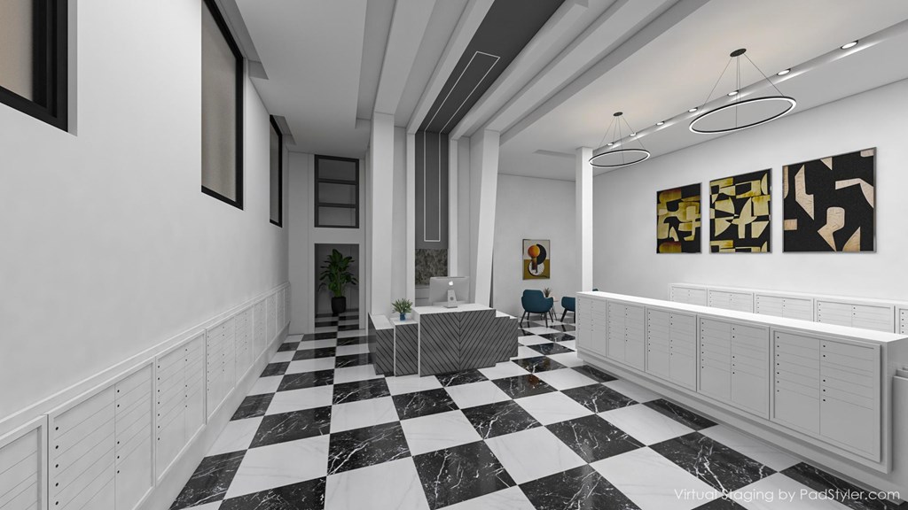 A black and white checkered floor in a white hallway.