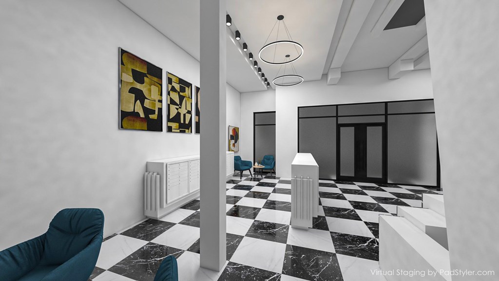 A black and white checkered floor in a room with a blue chair and two paintings on the wall.