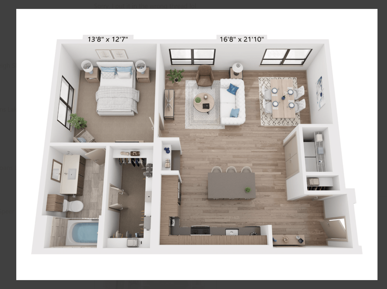A 3D floor plan of a small apartment with dimensions 13'8" x 12'7" and 16'8" x 21'10".