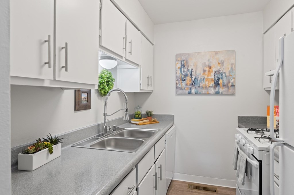 A kitchen with white cabinets and a grey countertop.