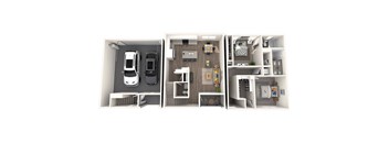 A 3D floor plan of a small apartment with a kitchen, living room, and bathroom.