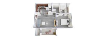 A 3D floor plan of a house showing a living room, kitchen, and two bedrooms.