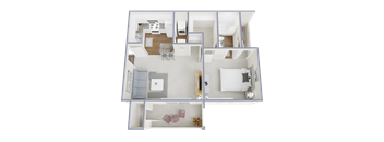 A 3D floor plan of a house showing a living room, kitchen, and two bedrooms.