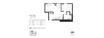 A black and white image of a floor plan for a 1 bedroom apartment.