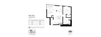 A black and white image of a floor plan for a 1 bedroom apartment.