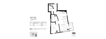 A black and white image of a floor plan for a 1 bedroom apartment.