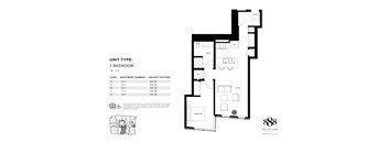 A black and white image of a floor plan for a 1 bedroom apartment.