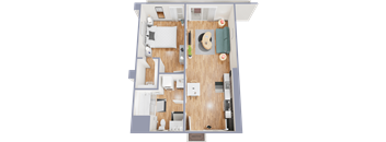 A floor plan of a one bedroom apartment with a bedroom, living room, and bathroom.