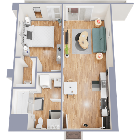 A floor plan of a one bedroom apartment with a bedroom, living room, and bathroom.