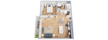 A top-down view of a small apartment with a bedroom, living room, and kitchen.