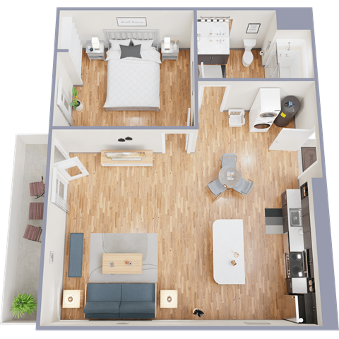 A top-down view of a small apartment with a bedroom, living room, and kitchen.
