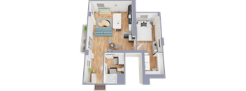 A top-down view of a small apartment with a bedroom, living room, and kitchen.