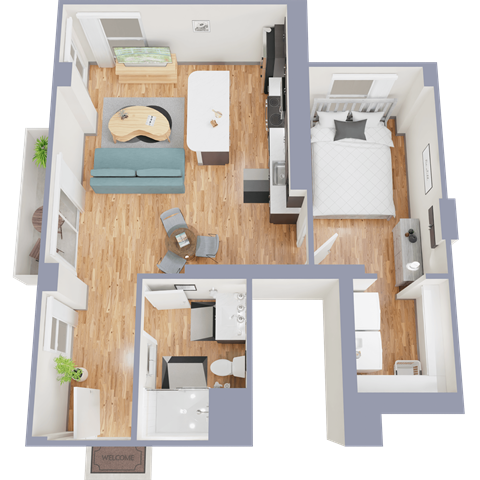 A top-down view of a small apartment with a bedroom, living room, and kitchen.