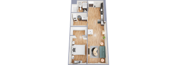 A floor plan of a one bedroom apartment with a bedroom, living room, and bathroom.
