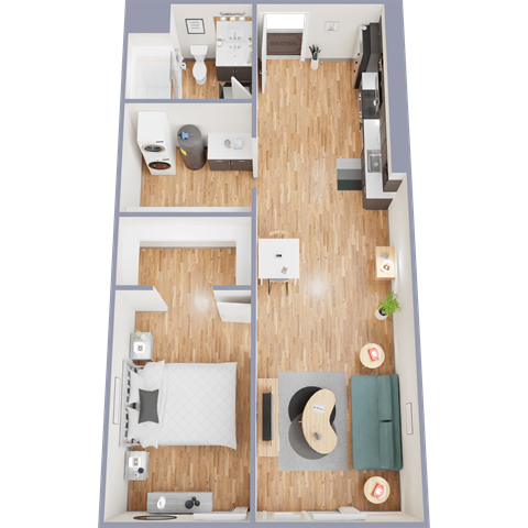 A floor plan of a one bedroom apartment with a bedroom, living room, and bathroom.