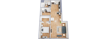 A floor plan of a one bedroom apartment with a bedroom, living room, and bathroom.