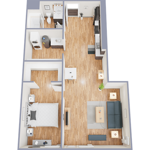 A floor plan of a one bedroom apartment with a bedroom, living room, and bathroom.
