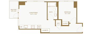 A floor plan of an apartment with a balcony, living/dining area, bedroom, bathroom, and closets.