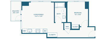 A floor plan of an apartment with a balcony, living/dining area, bedroom, bathroom, and closets.