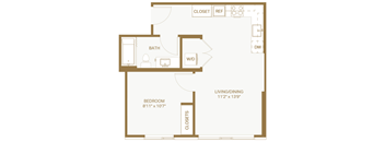 A floor plan of a small apartment with a bedroom, bathroom, and living/dining area.