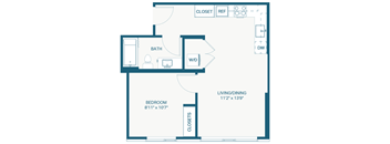 A floor plan of a small apartment with a bedroom, bathroom, and living/dining area.