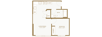A floor plan of a small apartment with a living room, dining room, bedroom, bathroom, and closet.