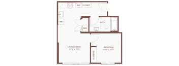 A floor plan of a small apartment with a living area, bedroom, bathroom, and closet.