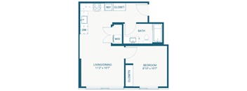 A floor plan of a small apartment with a living room, dining room, bedroom, bathroom, and closet.