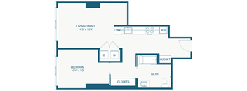 A floor plan of a small apartment with a living room, bedroom, and bathroom.