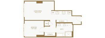 A floor plan of a bedroom with a living/dining area, closets, and a bathroom.