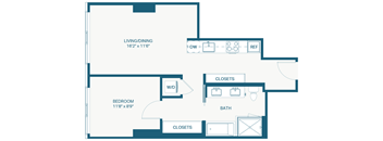 A floor plan of a bedroom with a bathroom and living/dining area.