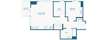 A floor plan of a house with a balcony, living/dining area, two bedrooms, a bathroom, and closets.