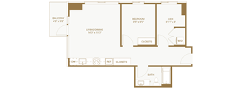 A floor plan of a home with a balcony, bedroom, den, living/dining area, bathroom, and closets.