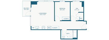 A floor plan of an apartment with a living room, dining room, bedroom, den, bathroom, and closets.