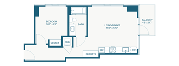 A floor plan of a home with a bedroom, bathroom, living/dining area, and closets.